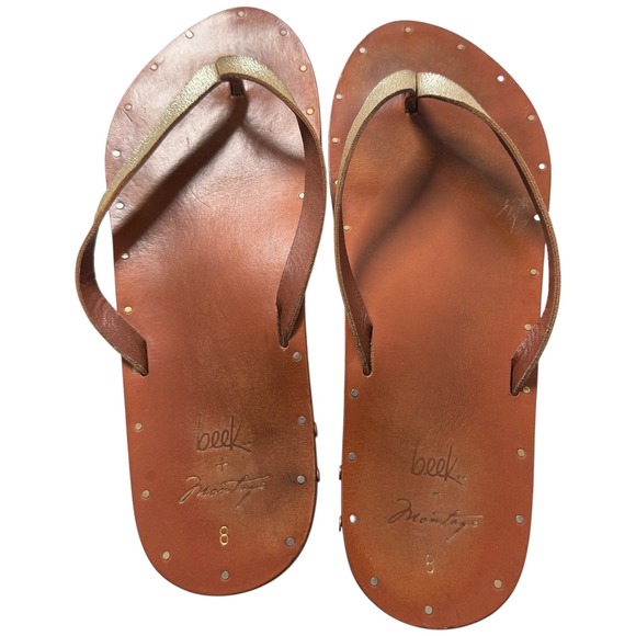 beek + montage Leather Flip Flops Gold Strap Studded Thong Sandals Size 8 Anthro - Picture 1 of 6